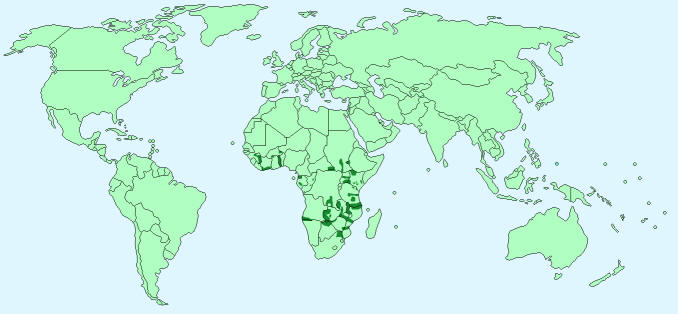 Distribution of hippopotamus on world map