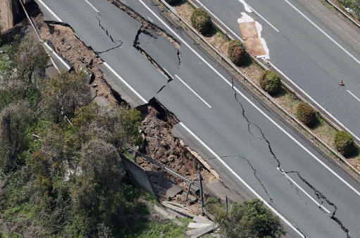 The earthquake left Kyushu Highway heavily damaged in Mashiki.